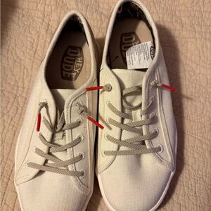 Hey Dude Off-White Canvas Sneakers with Red Lace Tips